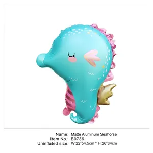 Matte seahorse aluminum foil balloon in light blue with gold fins for party decoration