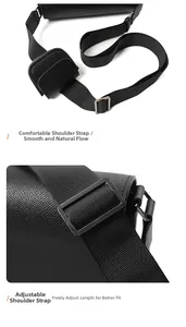 Detail view of adjustable nylon strap and detachable mini pouch on black PU messenger bag