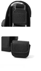 Detail of black Saffiano leather shoulder bag with silver buckle and modular square pouch