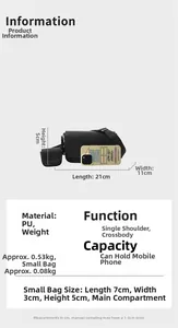 Detail view of black pebble texture PU leather crossbody bag with size comparison and specs