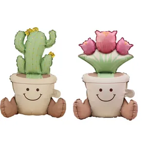 Ballon en Aluminium Plante en Pot Dessin Animé Cactus Tulipe Design Pot Souriant pour Décoration de Fête d'Anniversaire Pique-nique