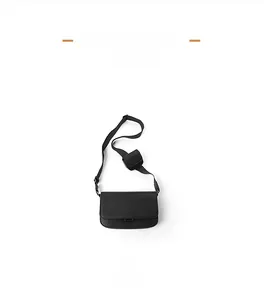 Detailed view of black PU leather crossbody bag with adjustable strap and small coin pouch