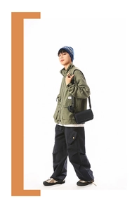 Men's street fashion outfit featuring a black PU leather messenger bag and utility jacket