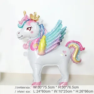 Stehender 3D Einhorn Folienballon mit Flügeln und Krone, Größe 60x25x66cm für Kinderfeste