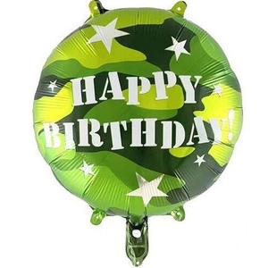 Green camouflage round foil balloon with white stars and Happy Birthday text for party