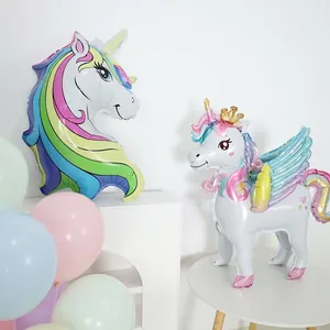 3D Einhorn Ballon-Set mit goldener Krone und bunter Mähne für die Geburtstagsdeko