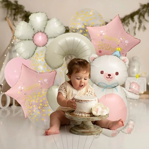 Pastel bear and daisy aluminum foil balloon set for birthday party decorations