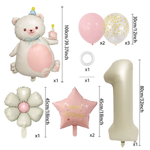 Bear cake and daisy balloon set for 1st birthday party with giant number one balloon