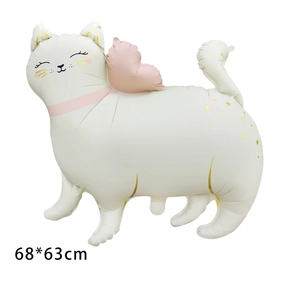 Ballon chat en aluminium mat blanc avec ailes roses pour fête d'anniversaire, 68x63cm