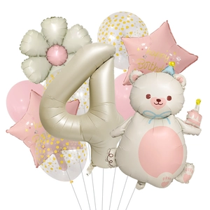Detailed view of beige birthday balloon set with number 4, bear and daisy foil balloons