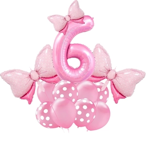 Kit ballons chiffre 6 rose avec décorations nœuds pour fête anniversaire d'enfants