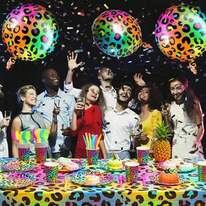 Rainbow leopard print party tableware set with foil balloons and plates for celebration