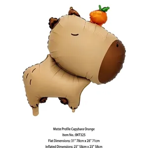 Flat and inflated size detail of cute capybara aluminum foil balloon for party decor