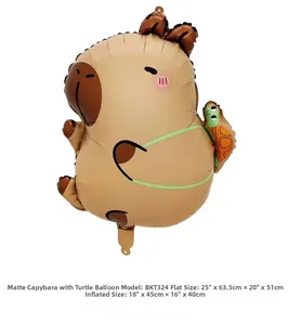 Detail of matte capybara balloon with turtle decoration showing dimensions and inflation size