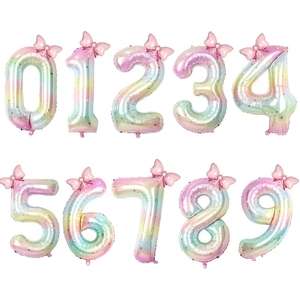40-inch rainbow gradient number balloons with stars and pink bow decoration for party