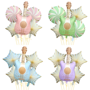 Detailed four-grid view showing macaron-colored guitar foil balloons for party decoration