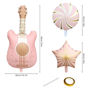 Pink guitar and star foil balloon set with ribbon and straw for birthday party decoration