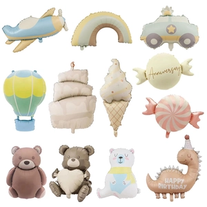 Morandi style aluminum foil balloons set with bear, rainbow, dinosaur and cake shapes