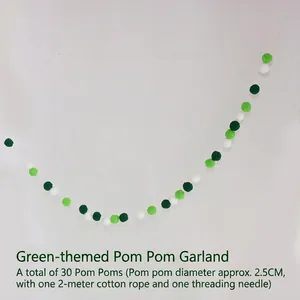 DIY green and white pom pom garland with 30 pieces and 2m cotton string for party decor