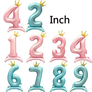 Ballon Chiffre Couronne Autoportant de 42 Pouces en Feuille d'Aluminium Métallisé Mylar pour Décorations de Fête d'Anniversaire Mariage Rose Bleu