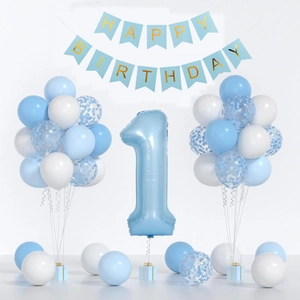 Blue 1st birthday decoration set with number one foil balloon and happy birthday banner