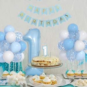 Blue theme 1st birthday decoration set with banner, balloons, and cake toppers for boys
