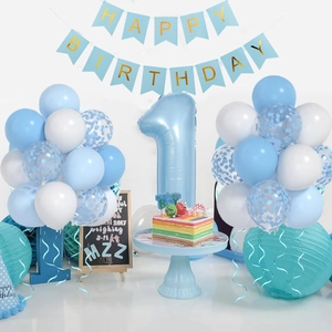 Blue 1st birthday balloon set with number 1 foil balloon and happy birthday banner decoration