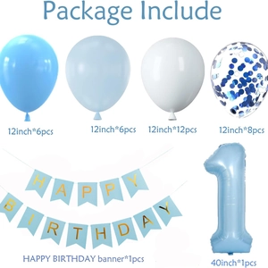 Blue and white 1st birthday balloon set with 40-inch number one and happy birthday banner