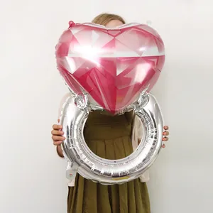 Large Diamond Ring Foil Balloon Pink Heart Aluminum Foil Balloon For Valentines Day Wedding Engagement Party Decoration