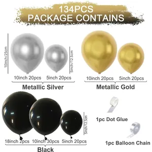 134-piece gold silver and black latex balloon arch kit for party and wedding decoration