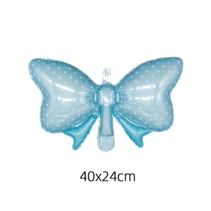 Light blue bow foil balloon with white dots for party decor, size 40x24cm