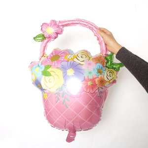 Ballon en aluminium en forme de panier de fleurs roses avec motifs floraux pour la Fête des Mères