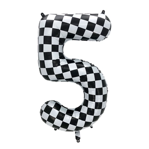 Detail of 40-inch racing checkered number 5 balloon showing inflation valve and shiny finish
