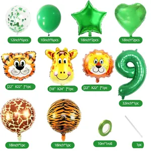 Jungle animal balloon set with green number 9 for kids' birthday party theme
