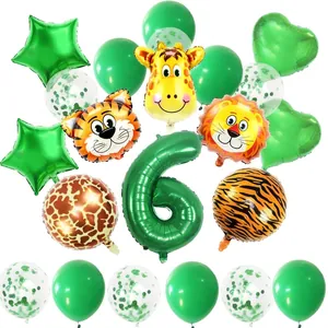 Jungle animal theme birthday party kit with green number 6 and safari animal balloons
