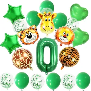 Jungle theme birthday set with green number 0 balloon and animal head foil decorations