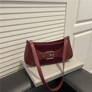 Women Retro Underarm Bag PU Leather Splicing Shoulder Bag With Metal Buckle Vintage Style Solid Color Casual Handbag