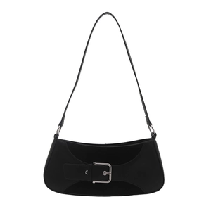 Retro black faux leather underarm bag with large silver buckle and minimalist design