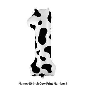 Detail of 40-inch cow print number 1 balloon with black and white spotted texture
