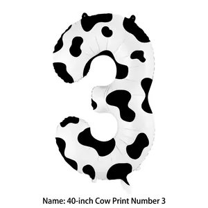 Detail view of 40-inch cow print number 3 balloon with realistic black and white pattern