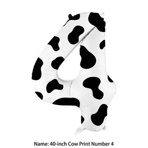 Detail of 40 inch number 4 aluminum foil balloon with black and white cow print texture
