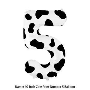 Large 40-inch cow print number 5 foil balloon for farm themed birthday party decor