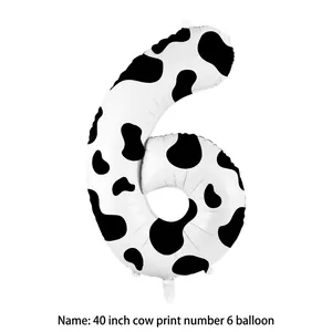 Detailed view of a 40 inch cow print aluminum foil balloon in the shape of number 6