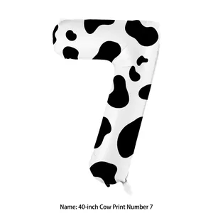 Detail view of 40 inch cow print number 7 foil balloon for birthday party decorations