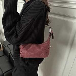 Dark red suede hobo bag for women with minimalist retro shoulder strap design