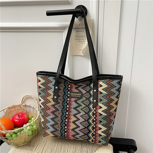 Damen Gewebte Tragetasche Ethno Vintage Zickzack Chevron Muster Leinwand Handtasche PU Leder Griff Große Kapazität Schultertasche