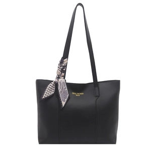 Sac fourre-tout en cuir noir à grande capacité avec détail de foulard en soie géométrique