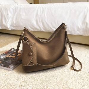 Vintage Faux Suede PU Leather Tote Bag For Women Large Capacity Shoulder Bag With Mini Pouch Contrast Stitching Hobo Bag