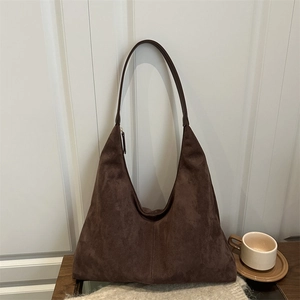 Vintage Faux Suede Large Capacity Shoulder Bag For Women Minimalist Stitching Hobo Tote Bag Retro Coffee Daily Handbag