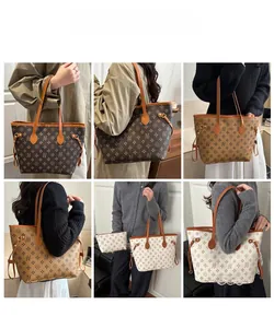 Detail shots of patterned tote bags with matching pouches in brown and beige tones